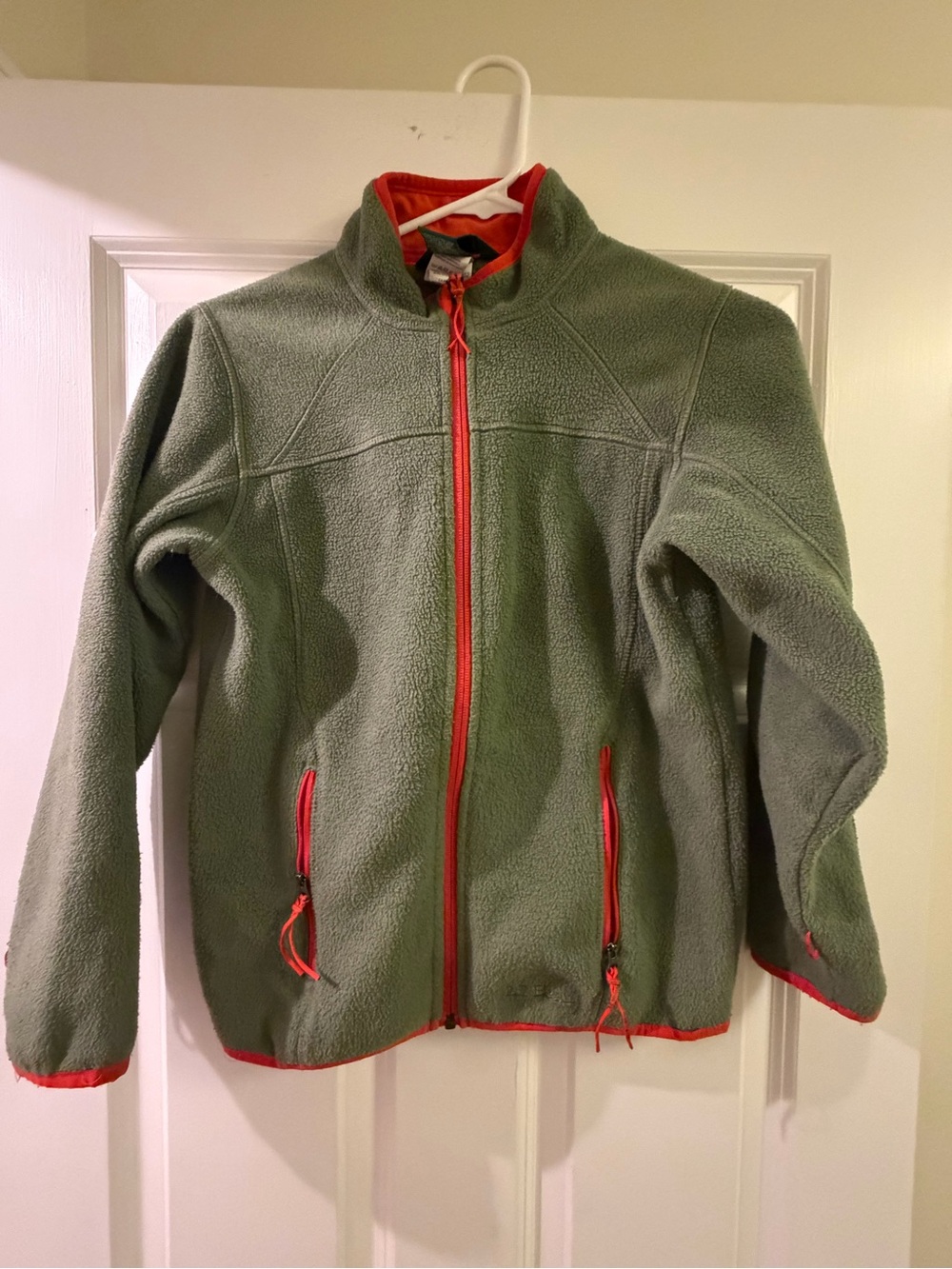 L.L. Bean Olive Green Fleece Jacket with Red Trim
